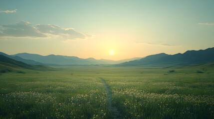 Naklejka premium A serene field with a path leading to a golden sunset amidst distant hills. Evokes peace, but shadows hint at unseen conflicts and a warrior's journey through nature's beauty.
