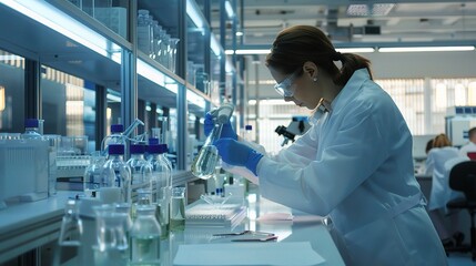 A female scientist in white coat and blue gloves is working with test tubes, beakers of liquid on laboratory table at modern medical research center. 