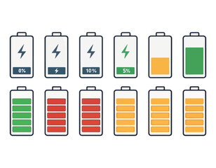 Battery icon set,charge status indicators,Cartoon full, low and empty charge indicators. Smartphone signs set, High quality colorful style vector icons. Green 100% 75%, orange 50%, red 25% 0, batterie