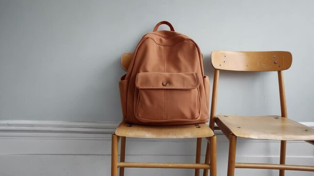 Light brown backpack standing on chair next to another chair in empty room with gray wall and gray floor