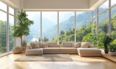 Fototapeta premium modern living room interior, panoramic windows, light wood, neutral tones, indoor plants, open layout 
