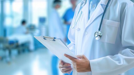 Close up of doctor holding medical paper on clipboard in hospital, blue color tone background with blurred patient room and other doctors. 