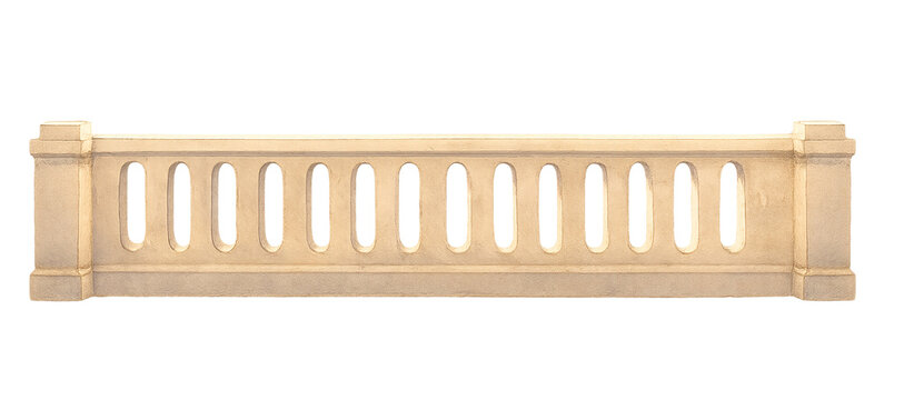 Classic stone balustrade with arched openings in the architectural style of Renaissance and Neoclassicism. The light shade of the material imitates sandstone or limestone. for palace, museum and histo