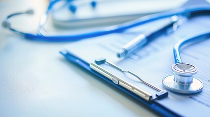 Close-up of medical documents and a stethoscope on a white background, with a blue color tone, conveying a medical equipment concept. 