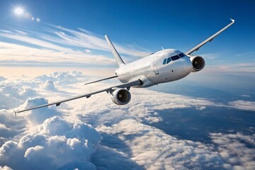 Fototapeta premium Airplane in Flight Over Clouds | Commercial Passenger Jet Flying Above Serene White Clouds and Blue Sky for Travel Marketing, Transportation and Aviation Industry