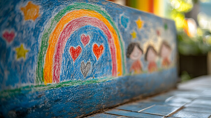 Naklejka premium Heartfelt children's drawings adorn an object against a backdrop suggestive of conflict. Rainbows, stars, and figures create a poignant contrast amidst a war-like atmosphere.