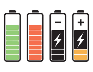 Battery icon set,charge status indicators,Cartoon full, low and empty charge indicators. Smartphone signs set, High quality colorful style vector icons. Green 100% 75%, orange 50%, red 25% 0, batterie