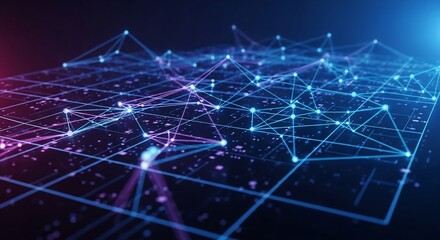Abstract network grid with glowing nodes and connecting lines in blue and purple hues 1.
