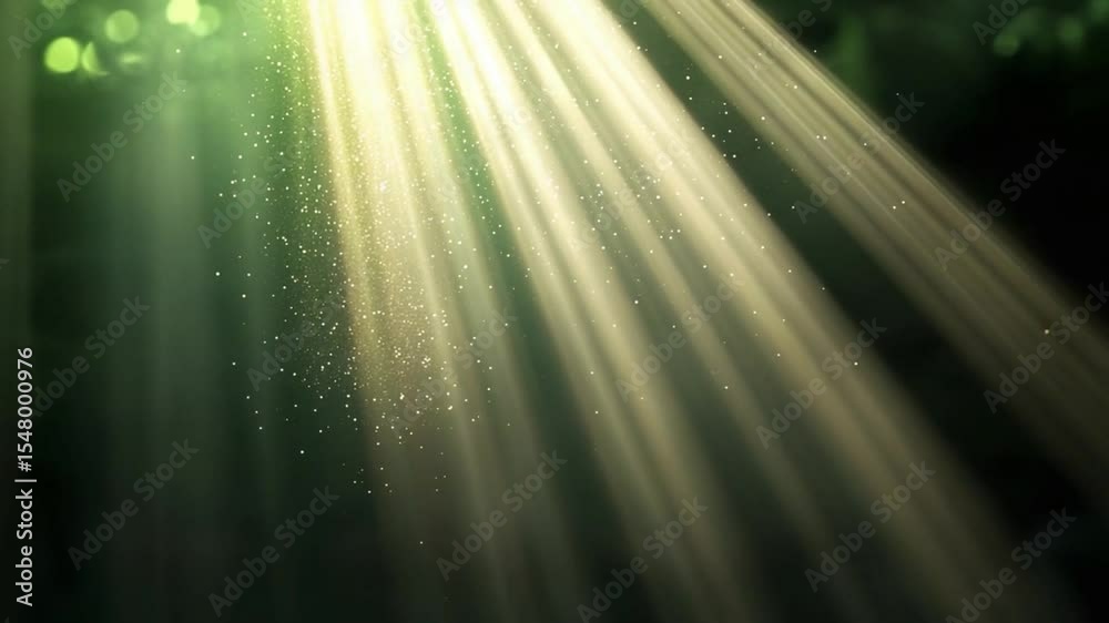 Poster sunlit beams through forest: a serene view of sunbeams gracefully piercing through the foliage in a 