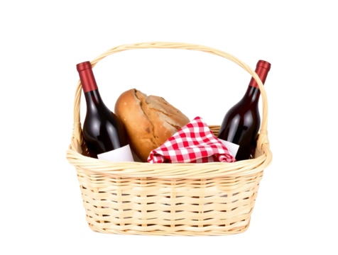Bread and empty red wine bottles on picnic basket with red gingham napkin isolated on transparent background