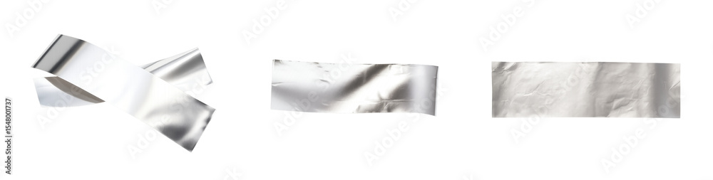 Fototapete A set of 3D elements in the form of strips of chrome plated adhesive tape with a mirrored surface. Metallized textures with curves, shadows and crumpled foil effect. Realistic rendering in high-gloss 