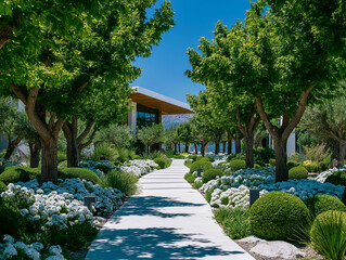 Fototapeta premium Pathway to Tranquility: A picturesque pathway beckons, framed by lush greenery, leading the viewer towards a modern building under a bright blue sky, creating a sense of serenity.