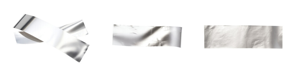 A set of 3D elements in the form of strips of chrome plated adhesive tape with a mirrored surface. Metallized textures with curves, shadows and crumpled foil effect. Realistic rendering in high-gloss 