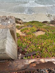 A view looking down from an eroded guardrail on a coastal bluff in Carlsbad, California, revealing the sandy beach below and the vast ocean beyond.