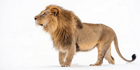 Obraz premium Majestic male lion walking in snow, winter wildlife scene, powerful predator