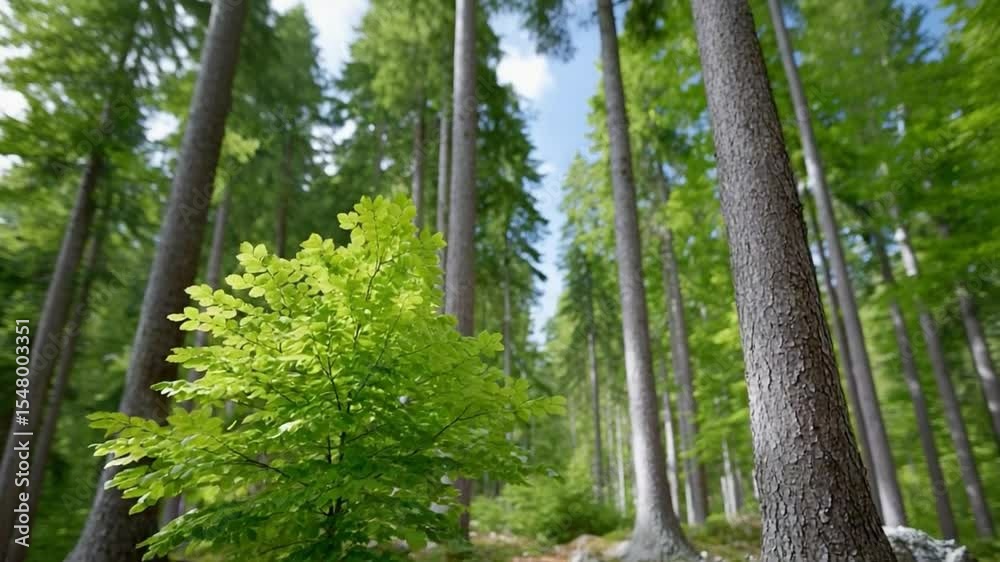 Poster Lush Green Forest Canopy:Sunlight dappling through a dense canopy of tall trees in a lush green forest, creating a tranquil and serene atmosphere.