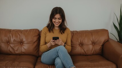 Obraz premium Smiling woman using smartphone while sitting on a brown couch.