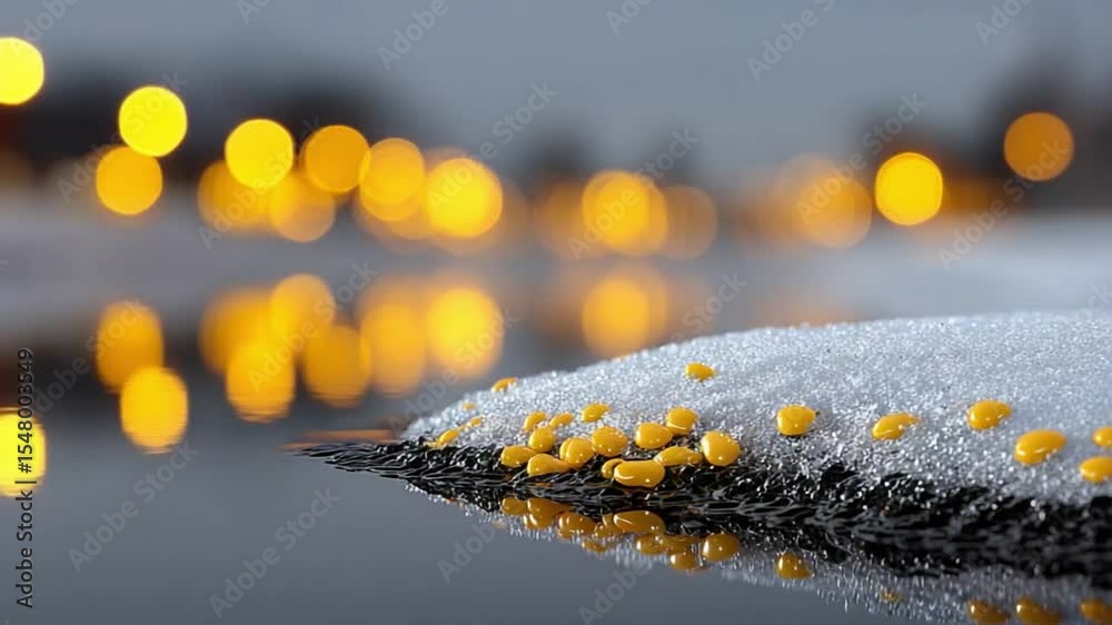 Aufkleber winter reflections: close-up of snow, with drops of dew on the surface reflect a golden bokeh of str