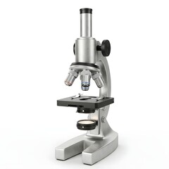 A detailed scientific microscope in silver, isolated and ready for exploration and observation in a laboratory setting. Focus is placed on the lens and stage.
