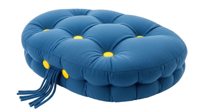 Isolated Round Blue Tufted Cushion with Yellow Buttons