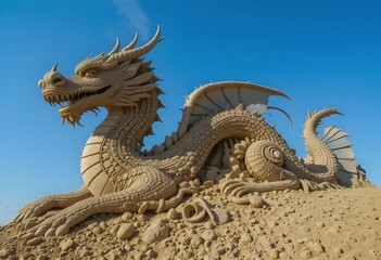 Fototapeta premium Intricate sand sculpture of a dragon, textured surface, low-angle shot with clear blue sky.