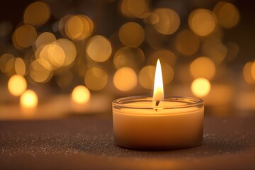 Close-up of a Single Lit Tealight Candle with Warm Bokeh Background