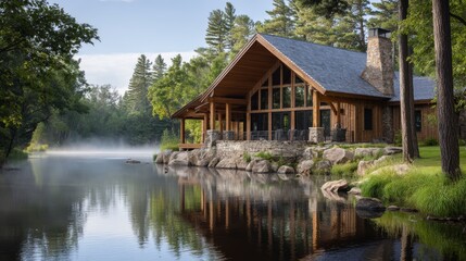 Fototapeta premium Tranquil rustic cabin by misty lake amidst lush greenery and tall pines