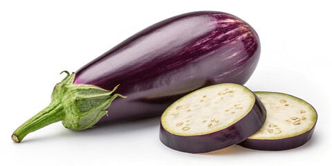 Fresh purple eggplant with two slices isolated on white background