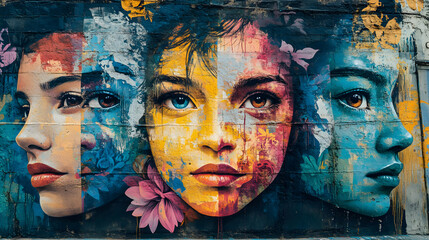 A vibrant mural on a brick wall depicts overlapping female faces with varied color palettes and styles, blending realism and abstraction with a war-like backdrop in the art.
