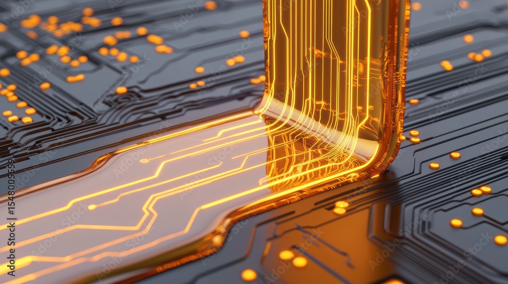 Poster abstract design of a circuit board with glowing lines and data flow in a futuristic setting
