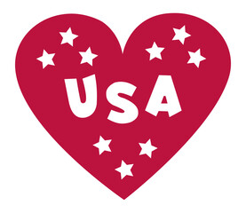 Stylized red heart representing love for the USA, adorned with white stars and bold lettering, perfect for patriotic designs and celebrations honoring national pride and independence