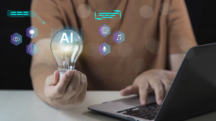 A businessman is holding a glowing light bulb, symbolizing AI-powered creative innovation. The...