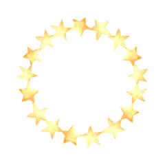 Round frame with golden stars watercolor illustration for baby desings. Hand drawn isolated wreath from yellow little star. Magic funny celestial background in kids fairy dreams style for nursery.