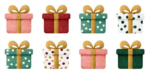 Colorful collection of gift boxes designed with unique patterns and bows showcasing festive themes capturing the joy of gift-giving in a delightful and whimsical design setting
