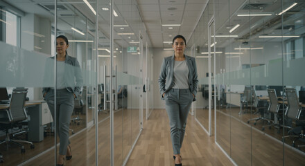 Confident Businesswoman Striding Through Modern Office A Symbol Of Success And Professionalism