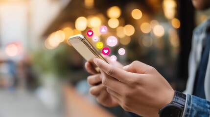 Engaging with social media through a smartphone amidst a lively outdoor setting in the evening