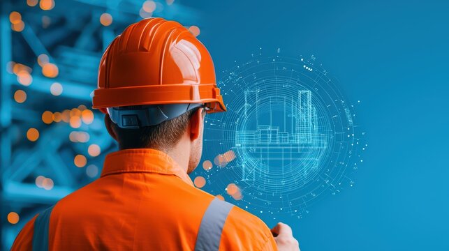 Professional Worker in Orange Helmet Viewing Digital Construction Data Interface Against Blue Background