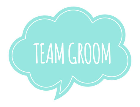 Displaying a team groom message within a thought bubble featuring a vibrant turquoise fill and a crisp white outline, enhancing wedding and marriage themes with a playful touch