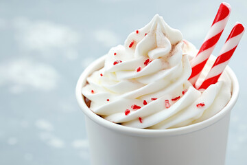 Creamy holiday beverage with whipped topping and red sprinkles.