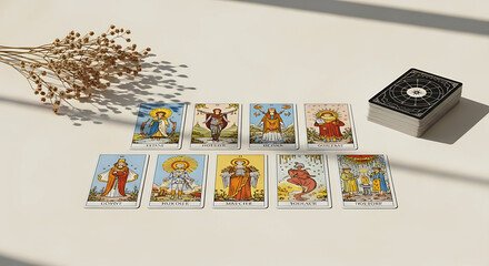 Obraz premium Ten tarot cards laid out in two rows on a surface with dried flowers nearby; a stack of cards with an intricate design rests on the right side, casting shadows across the scene