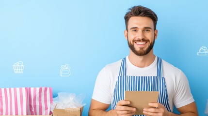 Smiling Male Baker Holding Package in Blue Background Surrounded by Bakery Items and Packaging Materials