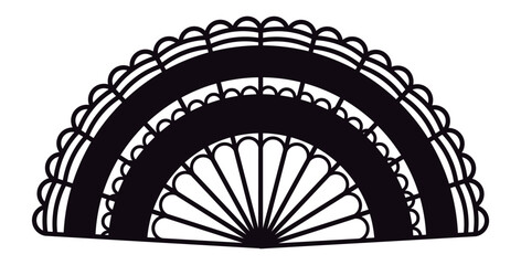 Intricate floral pattern adorning a traditional Spanish hand fan, presented in a striking black and white design, capturing the essence of Spanish culture and craftsmanship
