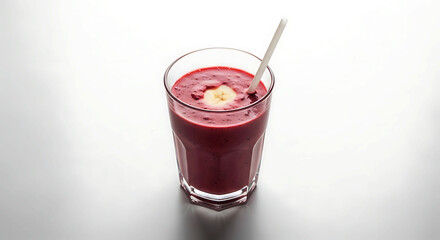 Glass filled with creamy, vibrant red smoothie topped with a banana slice, accompanied by a white straw. The smoothie texture appears thick and fresh, inviting for a sip