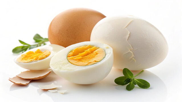 Close-up of hard-boiled eggs, one halved, showing yolk and white, with brown egg and herbs on white background