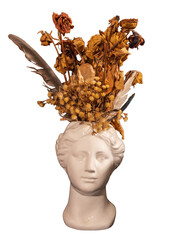 Ancient Roman Bust Adorned with Dried Flowers and Feathers
