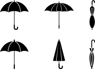 Umbrella Icon Set — Black and White Open and Closed Umbrella Silhouettes