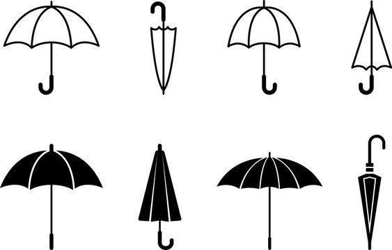Umbrella Icon Set &mdash; Black and White Open and Closed Umbrella Silhouettes