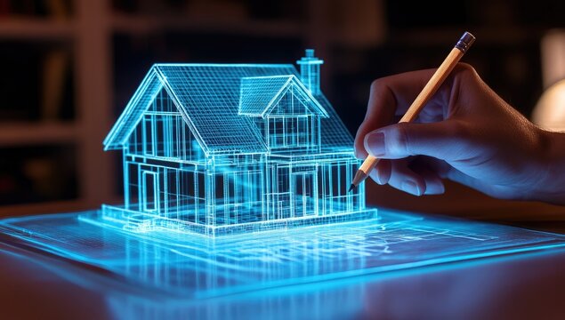 A hand with a pencil drawing a 3D model of a house