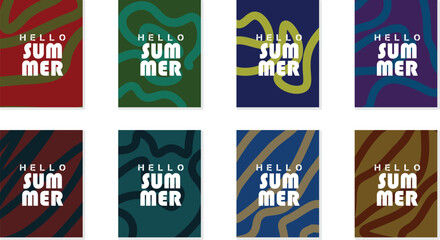 Colorful summer promotional poster with bold typography and abstract backgrounds