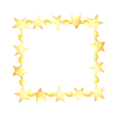 Frame square with golden stars watercolor illustration for baby desings. Hand drawn isolated border from yellow little star. Celestial background in kids fairy dreams style. Template with copy space.